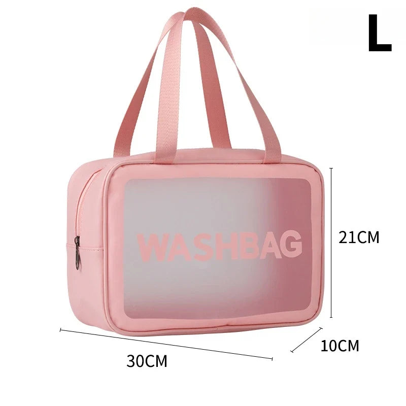 Transparent waterproof travel wash bag by Blushimmer with large capacity cosmetic organizer for women, ideal for makeup and beauty essentials.