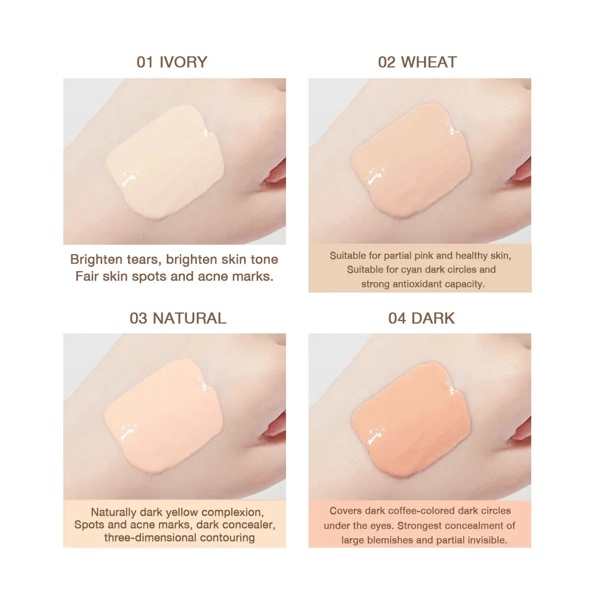 Blushimmer wheat tone moisturizing liquid concealer with full coverage for pores and dark circles, in ivory shade, makeup foundation.