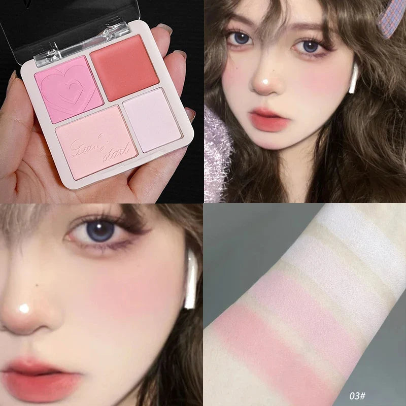 Blushimmer 4-color pink peach blush and highlighter palette with matte and brightening face cheek tints and rouge makeup.