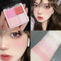 Blushimmer 4-color pink peach blush and highlighter palette with matte and brightening face cheek tints and rouge makeup.