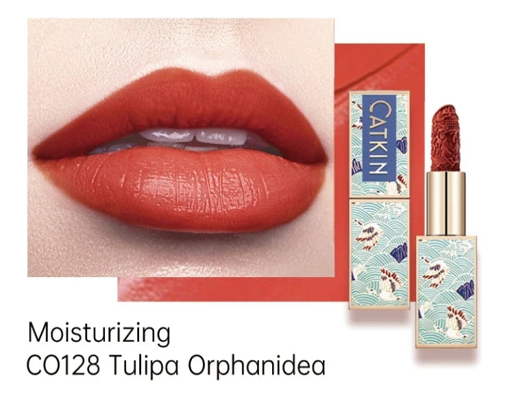 Blushimmer CATKIN velvet matte lipstick in a sleek tube, showing the smooth, creamy, hydrating satin finish on the lipstick bullet.