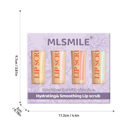 Blushimmer MLSMILE scrub set with exfoliating, lightening, and lip balm tubes in a 4-pack for skincare and lip care.