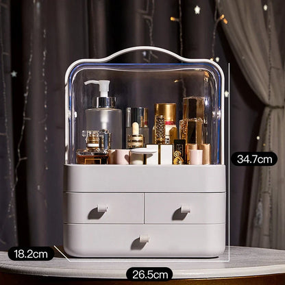 Blushimmer makeup organizer with drawer and dust-proof lid for skincare products, desktop storage box for household use.