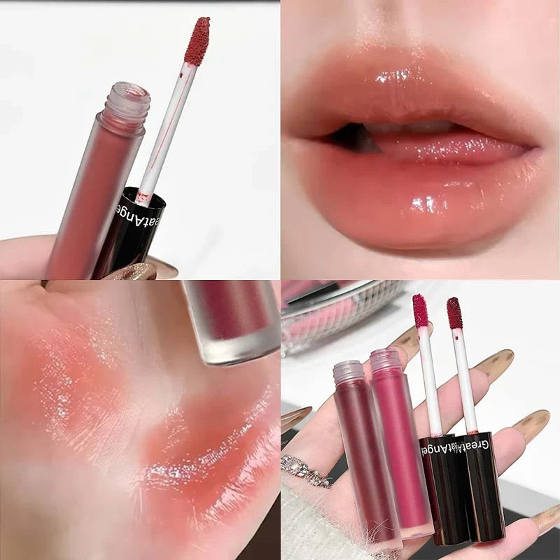 Blushimmer Berry Red Mirror Translucent Lip Gloss with hydrating water light texture and clear jelly finish on nude brown lipstick