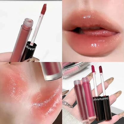 Blushimmer Berry Red Mirror Translucent Lip Gloss with hydrating water light texture and clear jelly finish on nude brown lipstick