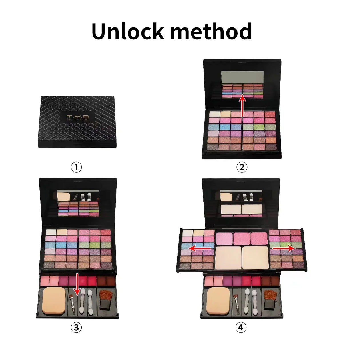Blushimmer makeup gift set for women including eyeshadow palette, lipstick, lip gloss, eyebrow powder, shimmer, and brushes.