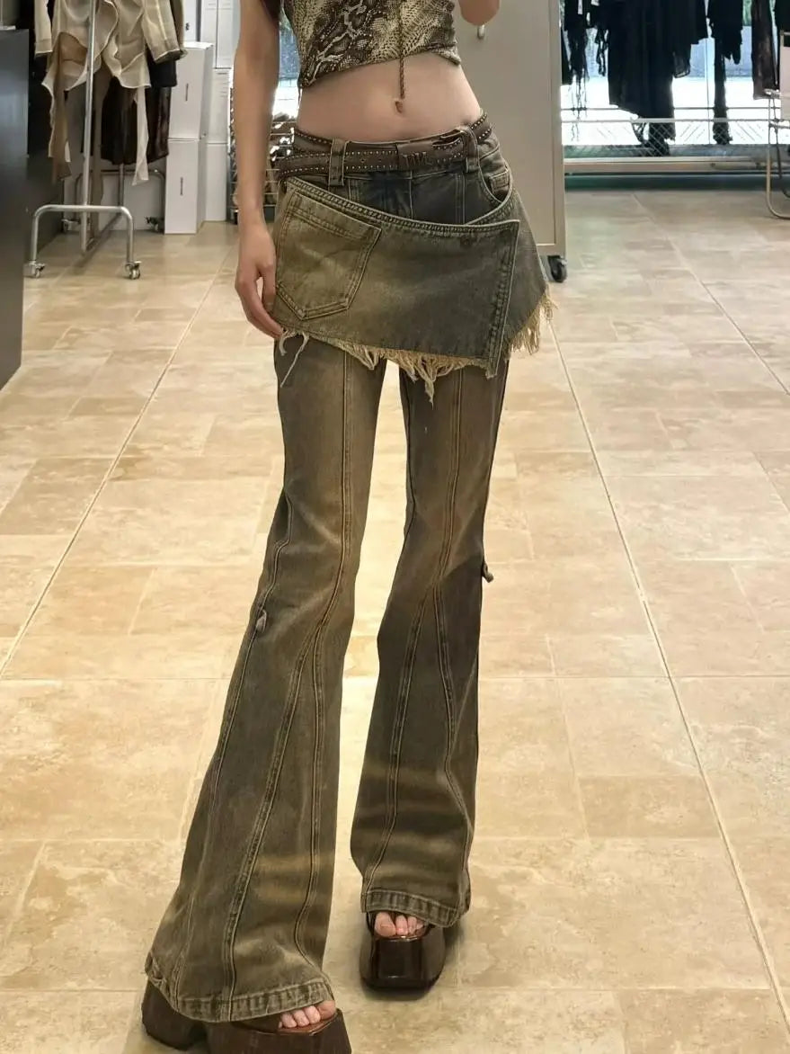 Women's Vintage Y2k Flare Jeans with Skirt Harajuku Baggy Denim Pants Japanese 2000s Style Denim Trouser Oversize Clothes 2025