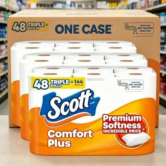 Scott ComfortPlus triple roll soft toilet paper with 231 sheets per roll, suitable for septic systems, shown with bathroom setting
