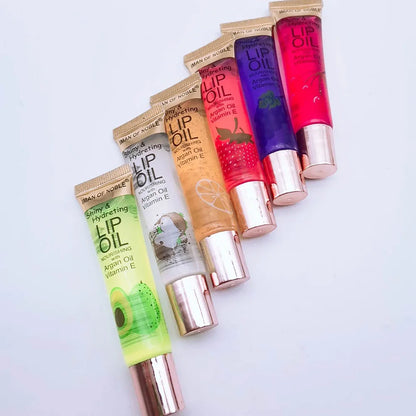 Set of six fruity flavor watery glossy lip glosses by Blushimmer, featuring clear, hydrating, and moisturizing lip gel for women.