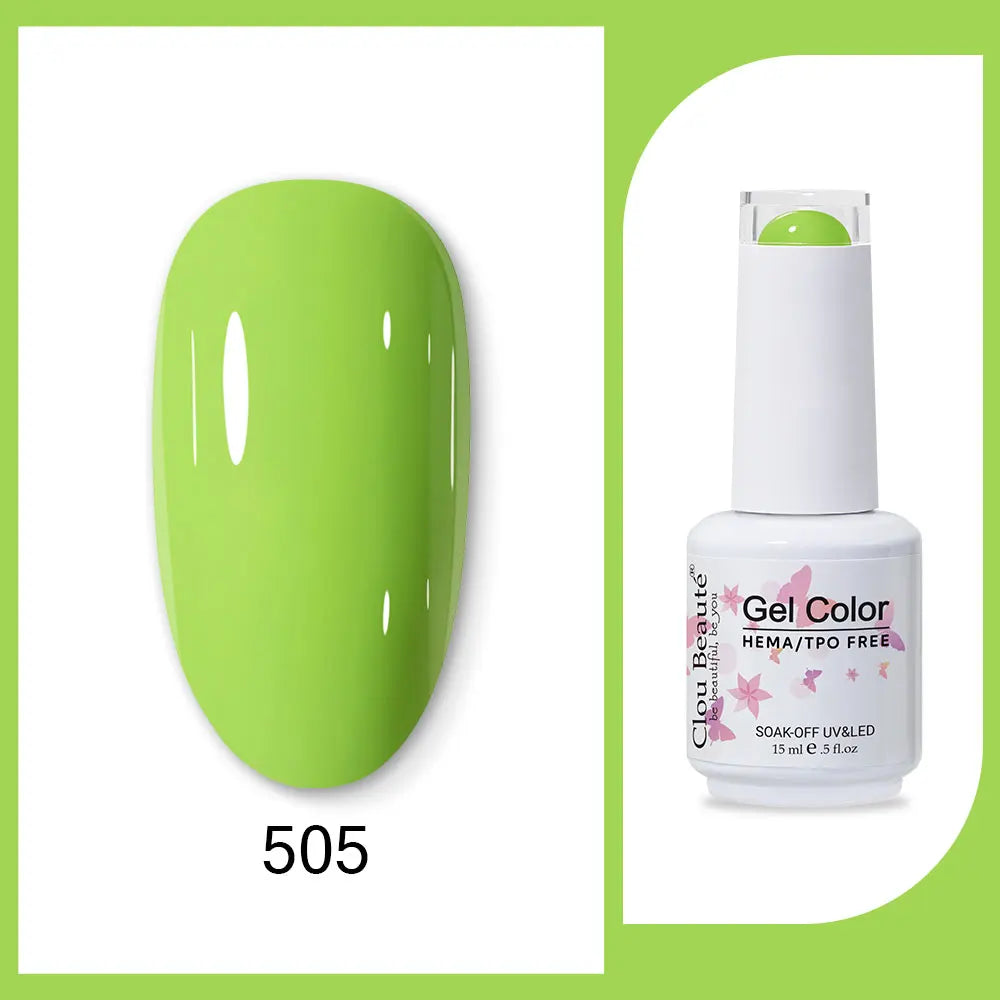 Blushimmer Clou Beaute 15ml neon gel nail polish with red, black, white, green colors, featuring velvet top coat and semi-permanent finish.