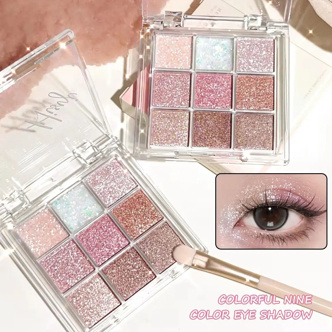 Blushimmer pearlescent glitter highlighter and smart eyeshadow palette with long-lasting, water-resistant color and dazzling finish.