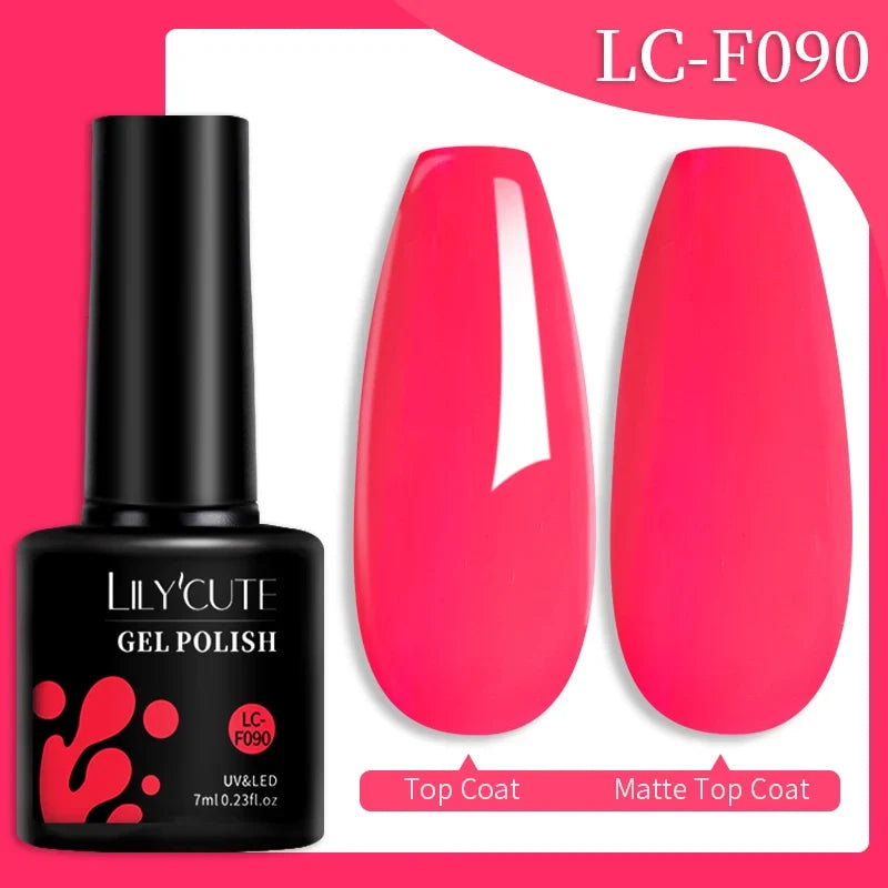 Colorful LilYCUTE 7ML gel nail polish bottle featuring vibrant shades, long-lasting UV gel varnish for manicures and nail art.