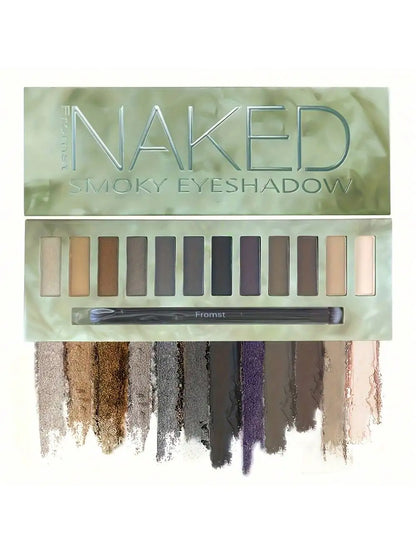 Blushimmer 12-color eyeshadow palette with pearlescent shimmer, waterproof formula and vibrant shades in a 30g compact.