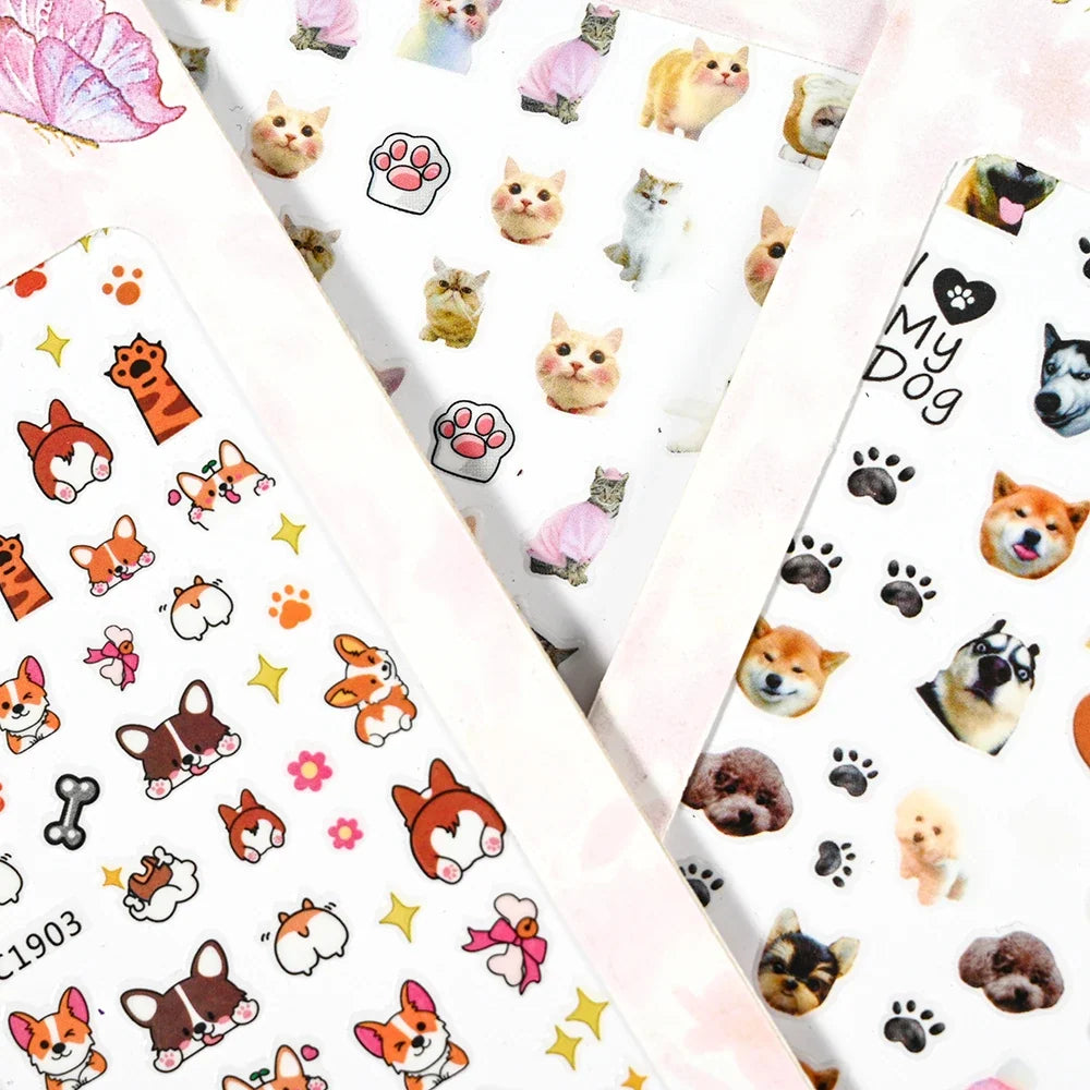 Cute cat and dog nail decals by Blushimmer featuring 3D animal cartoon designs for fun, decorative Y2K-style nail art stickers.