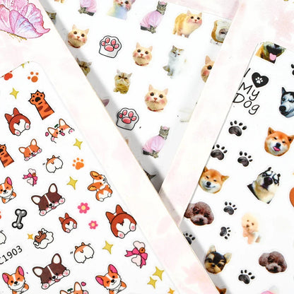 Cute cat and dog nail decals by Blushimmer featuring 3D animal cartoon designs for fun, decorative Y2K-style nail art stickers.