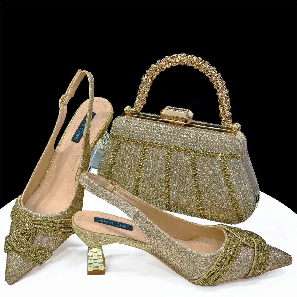 Elegant women's shoes and matching bag set with rhinestones by EdleessFashion, showcasing luxurious design and sparkling details.