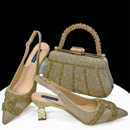 Elegant women's shoes and matching bag set with rhinestones by EdleessFashion, showcasing luxurious design and sparkling details.