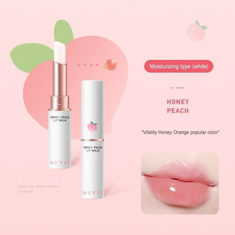 Blushimmer Honey Peach Lip Balm showing moisturizing, color-changing lipstick on lips with a glossy finish and nourishing skin care.