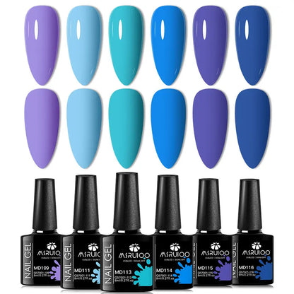 Blushimmer 6-pack nail gel polish set with vibrant, semi-permanent UV gel colors for all-season manicures and nail art.