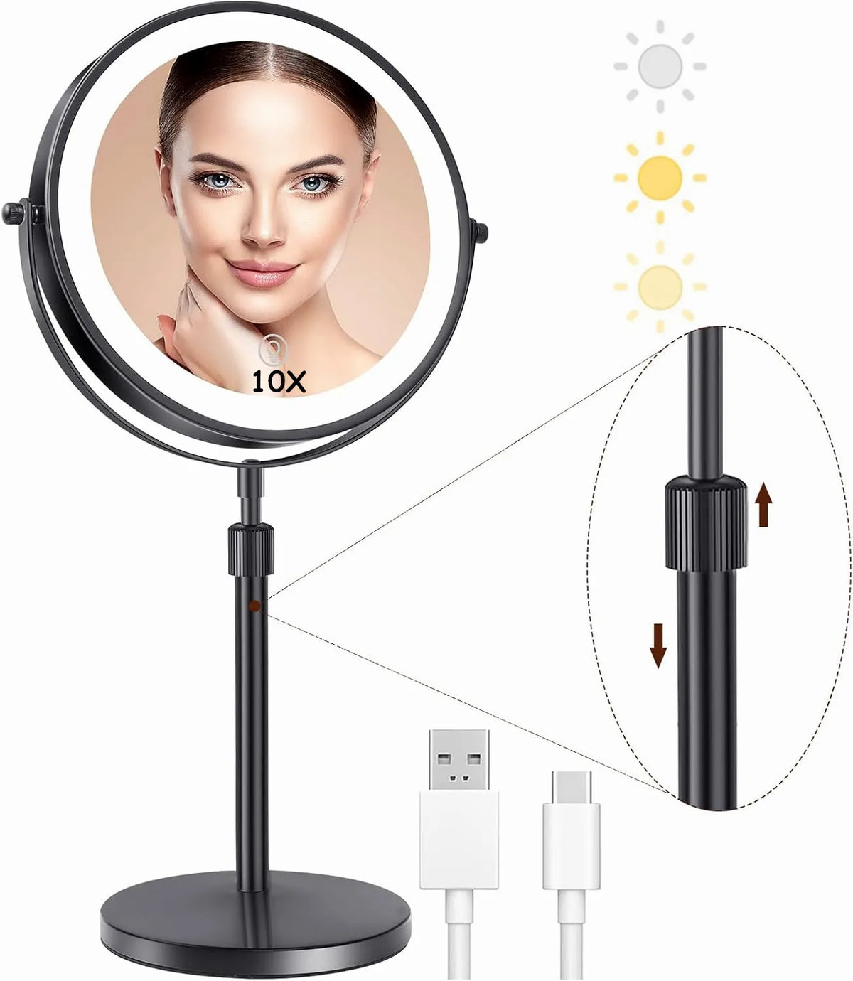 Blushimmer 8-inch makeup mirror with light, 10x magnification, adjustable brightness, three color lights, and height stand for cosmetics.