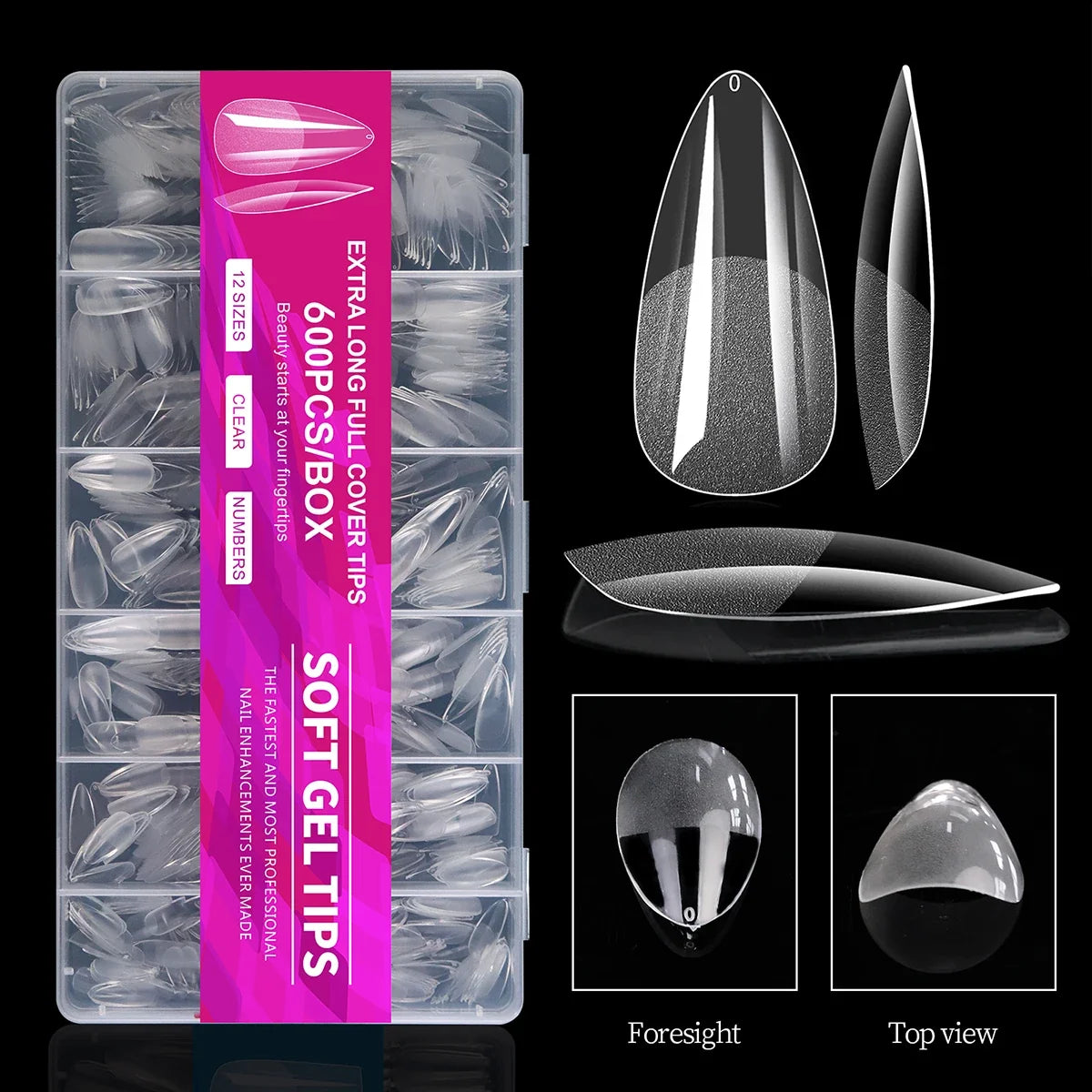 Set of 100/600 short almond gel nail tips by Blushimmer, full cover false nail tips for acrylic nails, salon and home use.