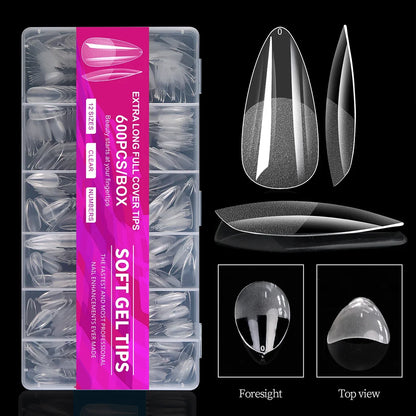 Set of 100/600 short almond gel nail tips by Blushimmer, full cover false nail tips for acrylic nails, salon and home use.