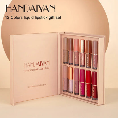 Assorted 12-color matte liquid lipsticks by Blushimmer in a non-stick, waterproof, long-lasting Korean cosmetic makeup kit.