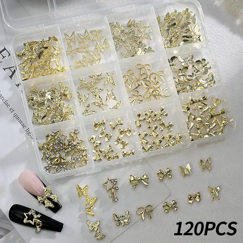 Set of 120 Blushimmer 3D gold bow and butterfly nail charms with shiny bowtie and star designs for luxury nail art decoration