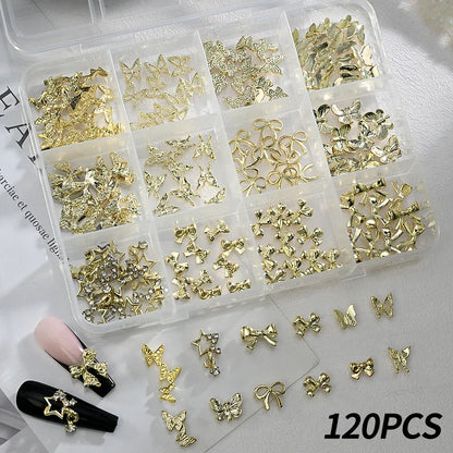 Set of 120 Blushimmer 3D gold bow and butterfly nail charms with shiny bowtie and star designs for luxury nail art decoration