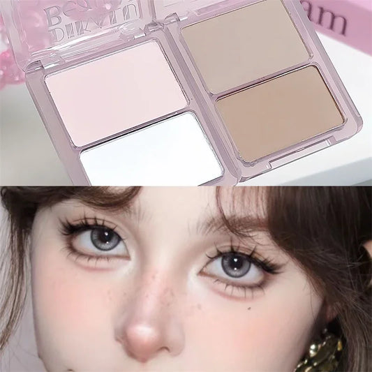 Blushimmer two-tone contour palette with matte white highlighter, grey brown nose shadow, and bronzer for face contouring and brightening