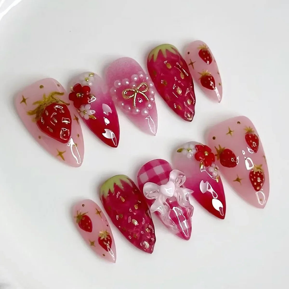 Blushimmer 24-piece wine red almond press-on nails with cartoon rabbit, bowknot, plaid, pearl accents, French style for girls