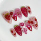 Blushimmer 24-piece wine red almond press-on nails with cartoon rabbit, bowknot, plaid, pearl accents, French style for girls