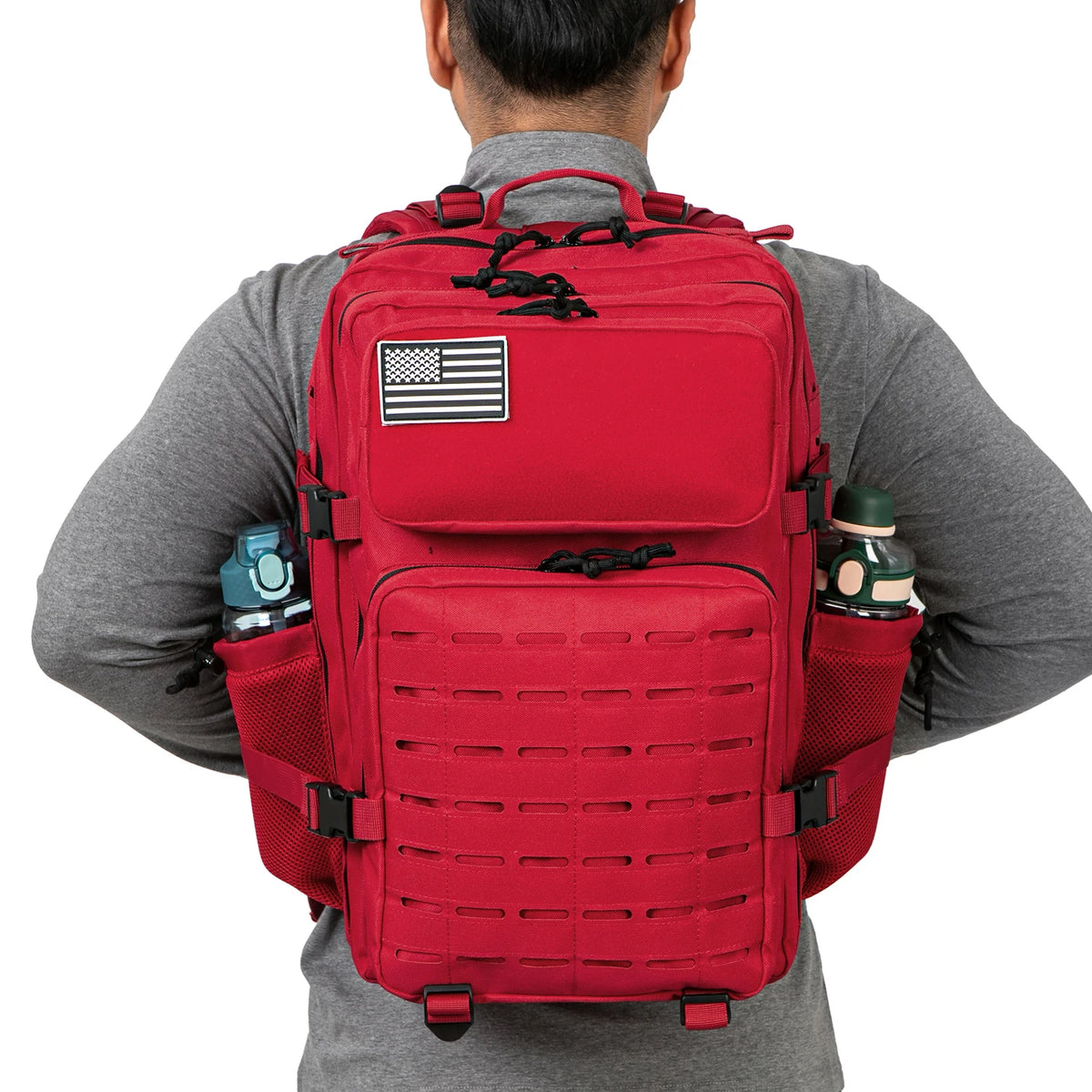Men's 45L Tactical Backpack from Adventure Club Store with double cup holders, ideal for hunting, camping, hiking, and outdoor survival.