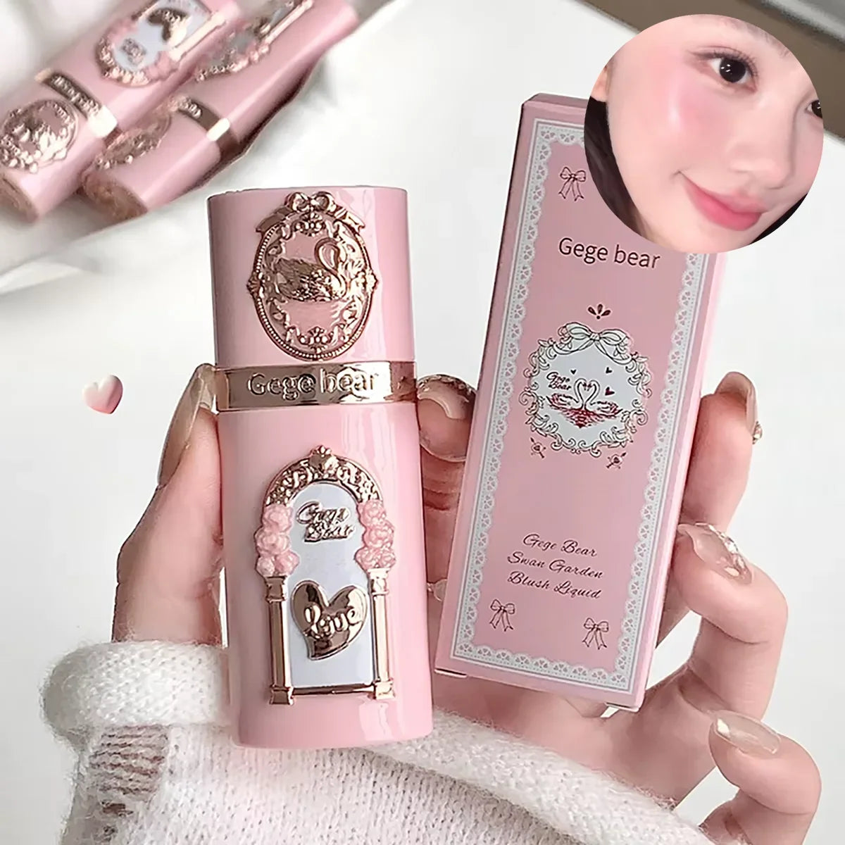 Blushimmer Gege Bear Strawberry Cupid pink velvet matte lip cream and liquid blush set with pressed powders, long-lasting and lightweight.