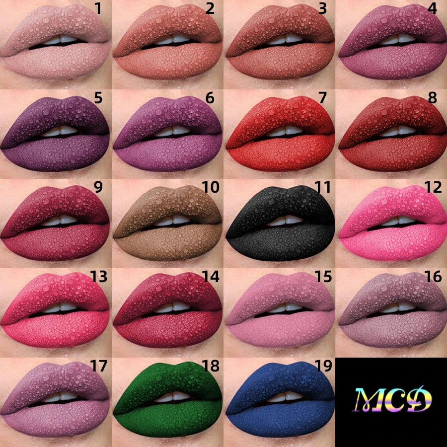 Blushimmer matte velvet lip gloss with 19 color options, featuring waterproof liquid lipstick, nude and red shades, lip tint, and lip glaze.