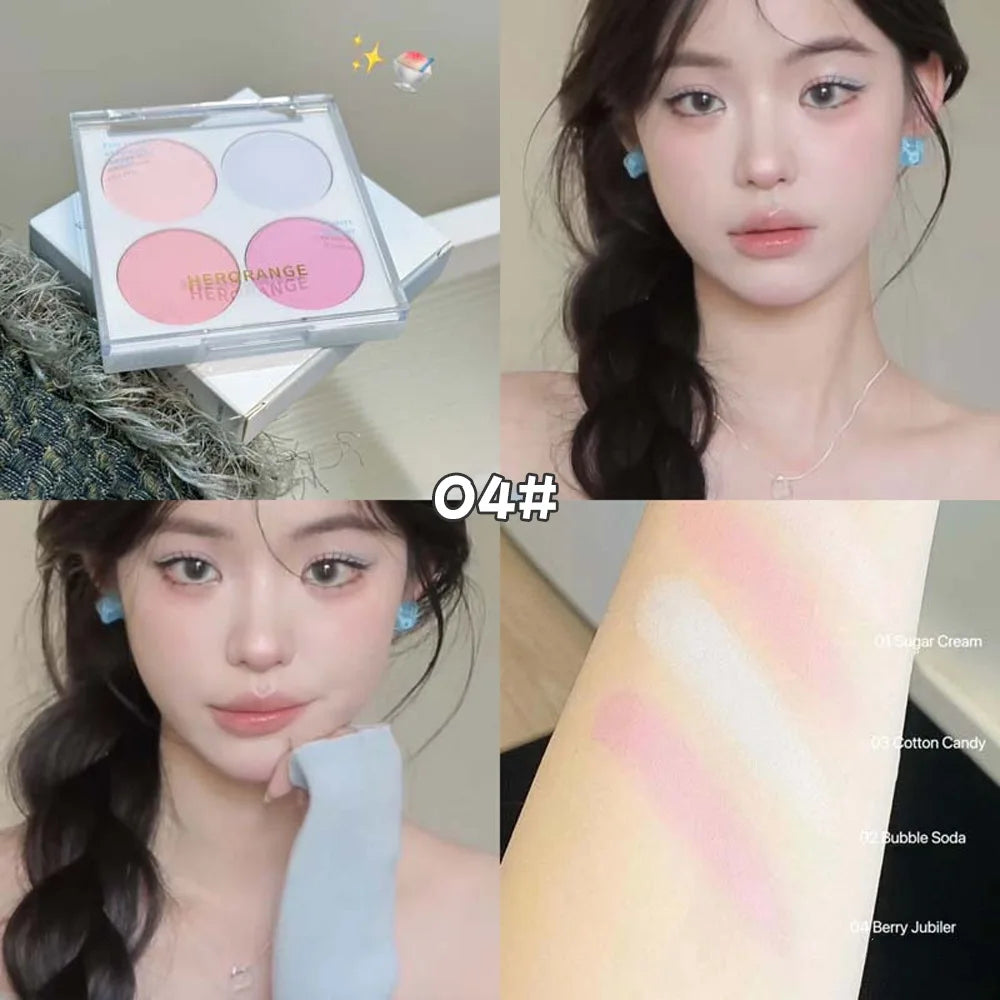 Blushimmer 4-color blush powder set with warm matte cheek shades for face makeup and facial beauty cosmetic application.