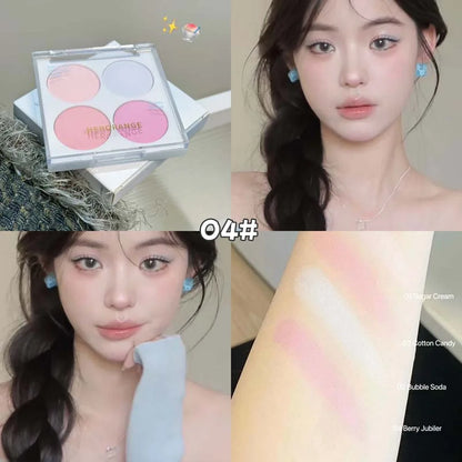 Blushimmer 4-color blush powder set with warm matte cheek shades for face makeup and facial beauty cosmetic application.
