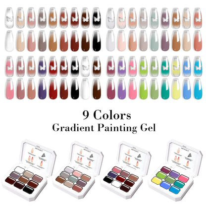 LIMEGIRL 9-color gradient painting gel nail art kit by Blushimmer featuring quick-drying flower engraving gel for DIY nail designs.