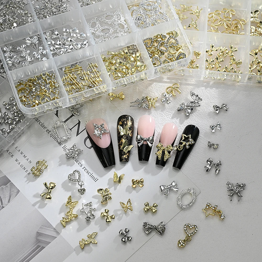 Set of 120 Blushimmer 3D gold bow and butterfly nail metal charms with shiny bowtie and star designs for nail art embellishments