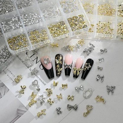 Set of 120 Blushimmer 3D gold bow and butterfly nail metal charms with shiny bowtie and star designs for nail art embellishments
