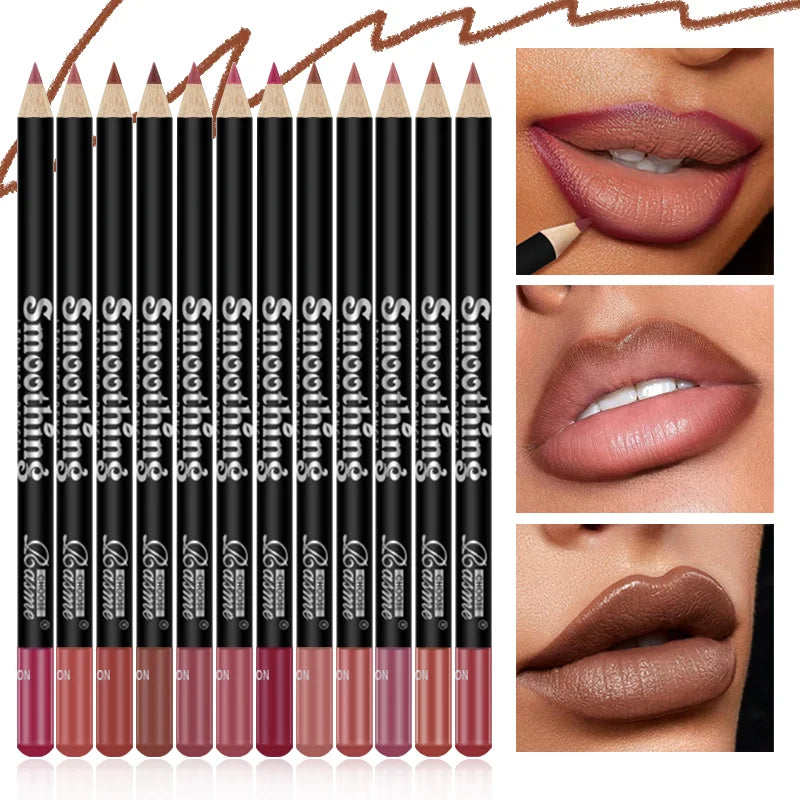 Set of 12 Blushimmer lip liner pencils in various shades, matte finish, with nude and pink tones, displayed in a row.