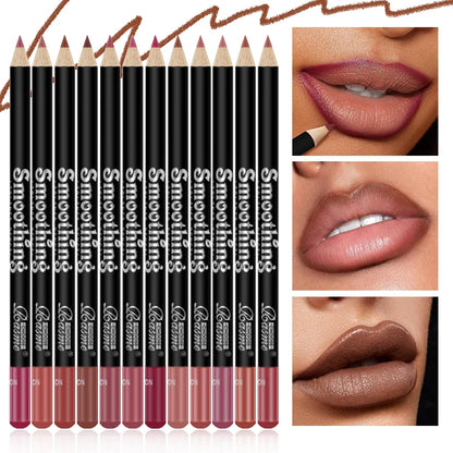 Set of 12 Blushimmer lip liner pencils in various shades, matte finish, with nude and pink tones, displayed in a row.