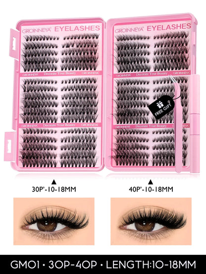 GROINNEYA Lash Clusters Kit Cat Lashes 640 Pcs with Lash Bond & Seal Cluster Eyelash Extensions Eyelash Clusters Kit DIY at Home