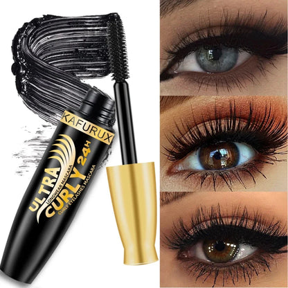 Black lengthening waterproof mascara by Blushimmer with a long-wearing formula, showing the mascara wand and bristles.
