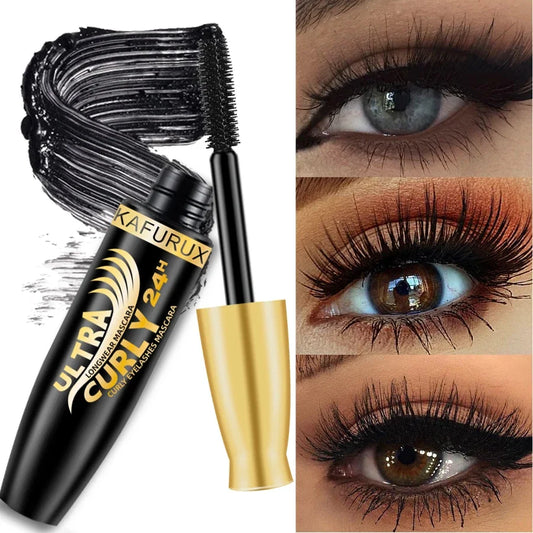 Black lengthening waterproof mascara by Blushimmer with a long-wearing formula, showing the mascara wand and bristles.