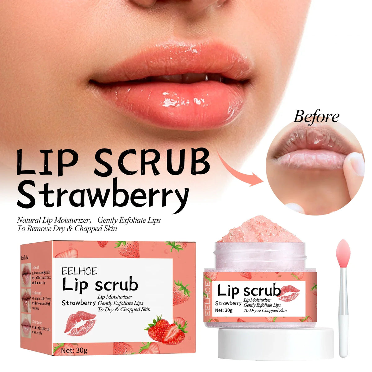 Blushimmer strawberry and orange fruit lip scrub with honey for brightening, exfoliating, moisturizing, and deep cleaning lips.