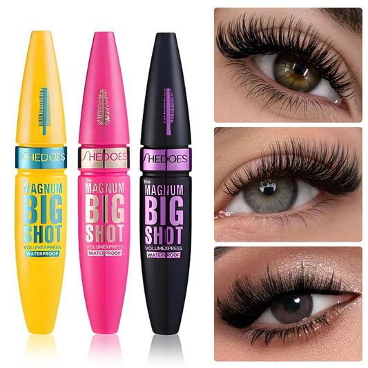 Silcy Skin 4D Black Mascara with lengthening, volumizing, and curling effects on eyelashes, suitable for all skin types.