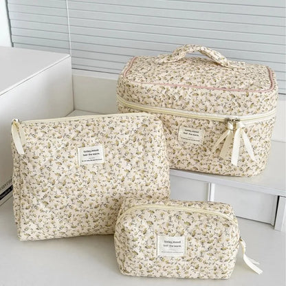 Blushimmer retro floral print women's cosmetic bag set with quilted large capacity travel organizers and storage bags