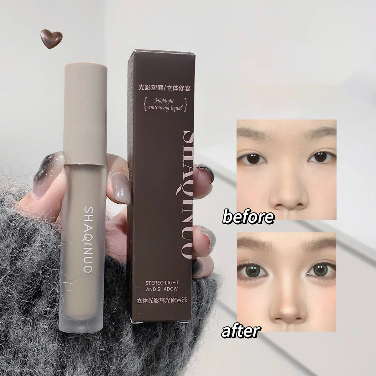 SHAQINUO Two-Color 3D Highlight and Contour Liquid for Nose Highlighting and Side Contouring, Brightening Cement Stick