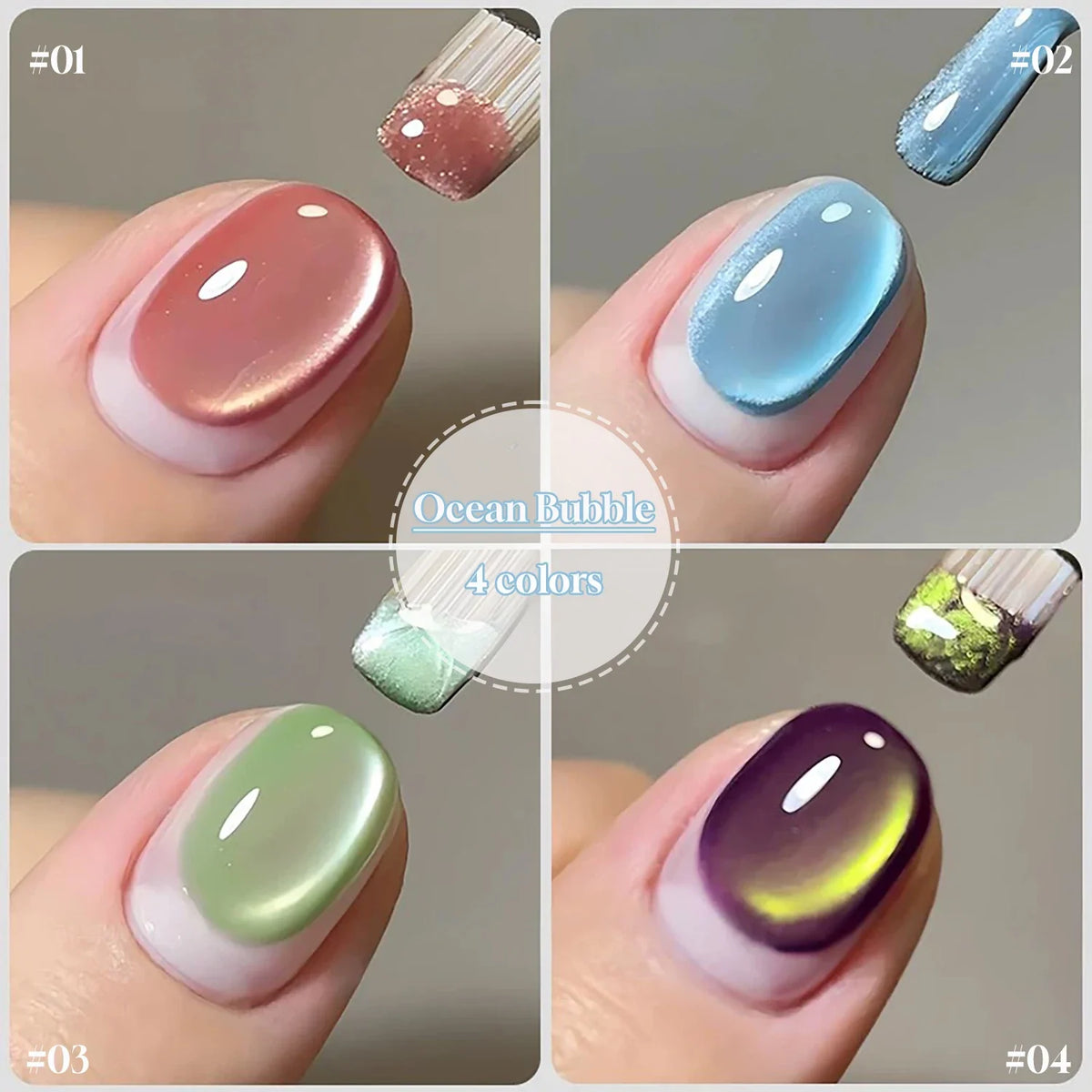 Blue and green cat eye gel nail polish with ocean bubble design, by Blushimmer, for spring and summer nail fashion.